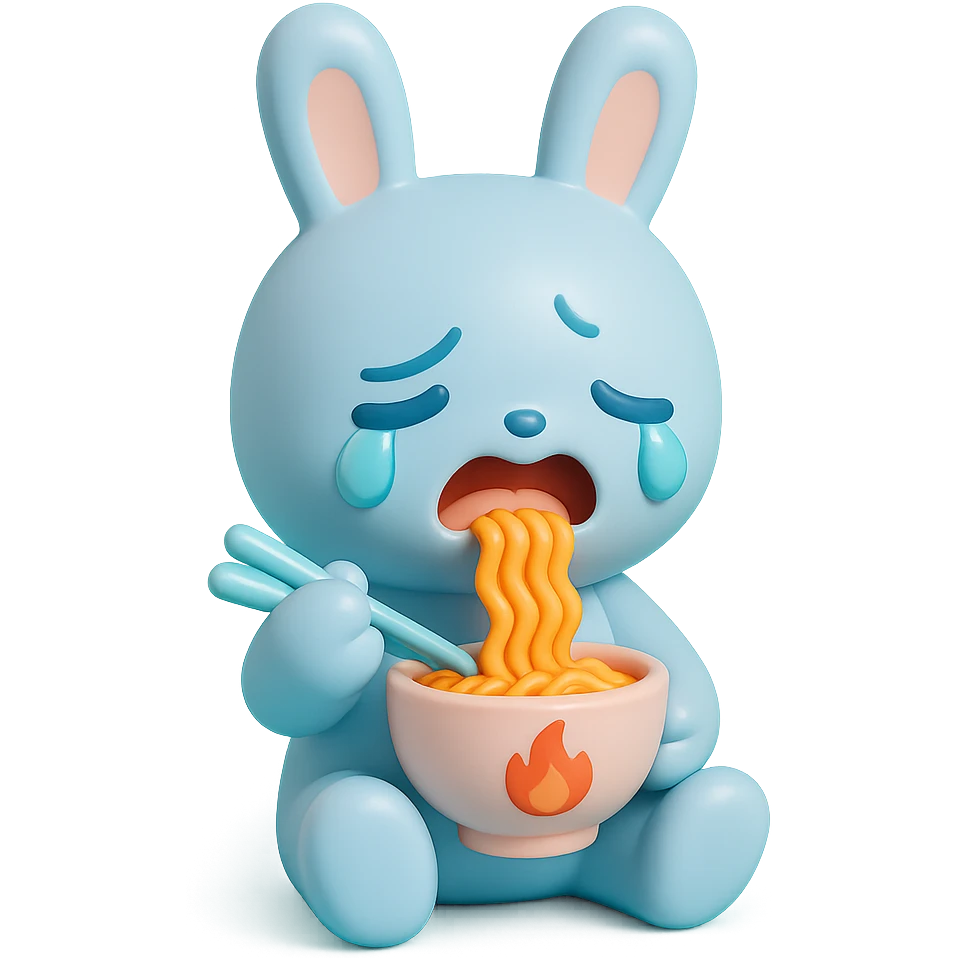 blue bunny crying while eating spicy ramen, vinyl figure style emoji