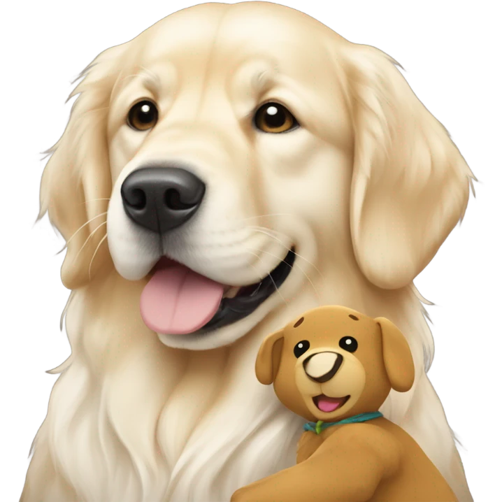 English cream golden retriever holding bear plushy emoji