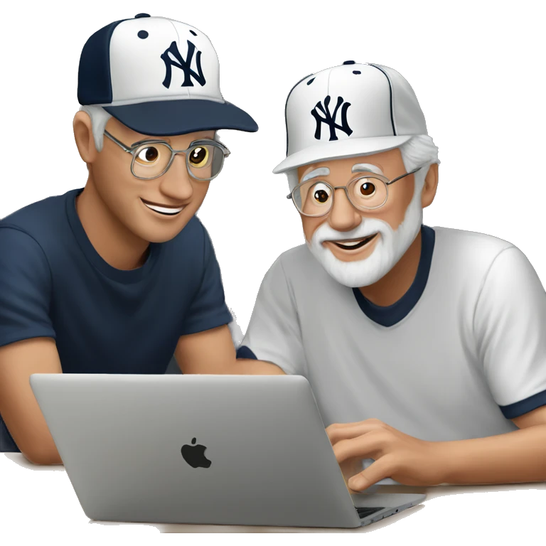 Young man with New York yankees hat helping old man with a Belgium hat to use artificial intelligence on a MacBook  computer emoji
