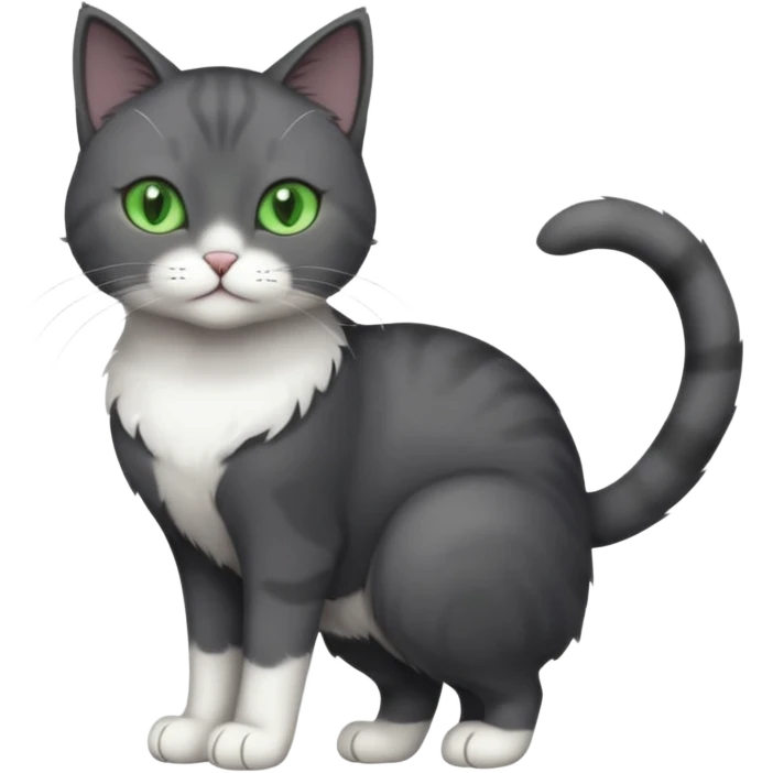 full body view of beautiful female solid dark grey cat with green eyes, white toes/paws and white patch on her chest emoji