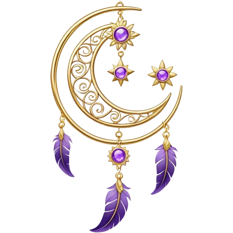 Epic beautiful gorgeous cute gold suncatcher, threads with shiny sparkly amethyst gemstones, flowers, crescents-moons, stars, violet Feather emoji