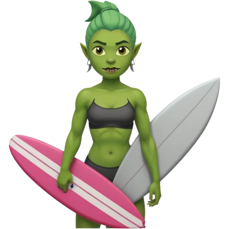 orc female holds a little surfboard with a shark painted vertically in his hands emoji