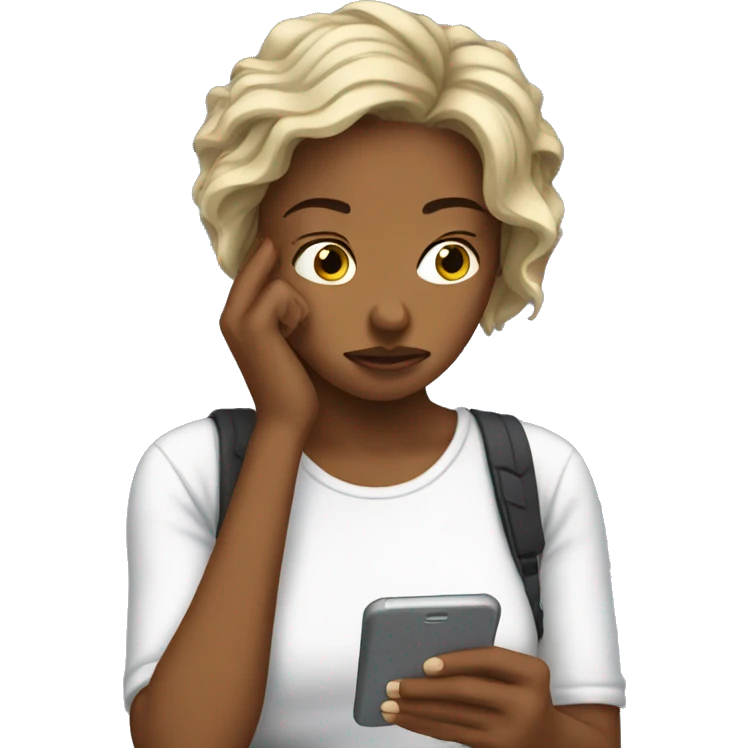 women scrolling on her phone being sad emoji