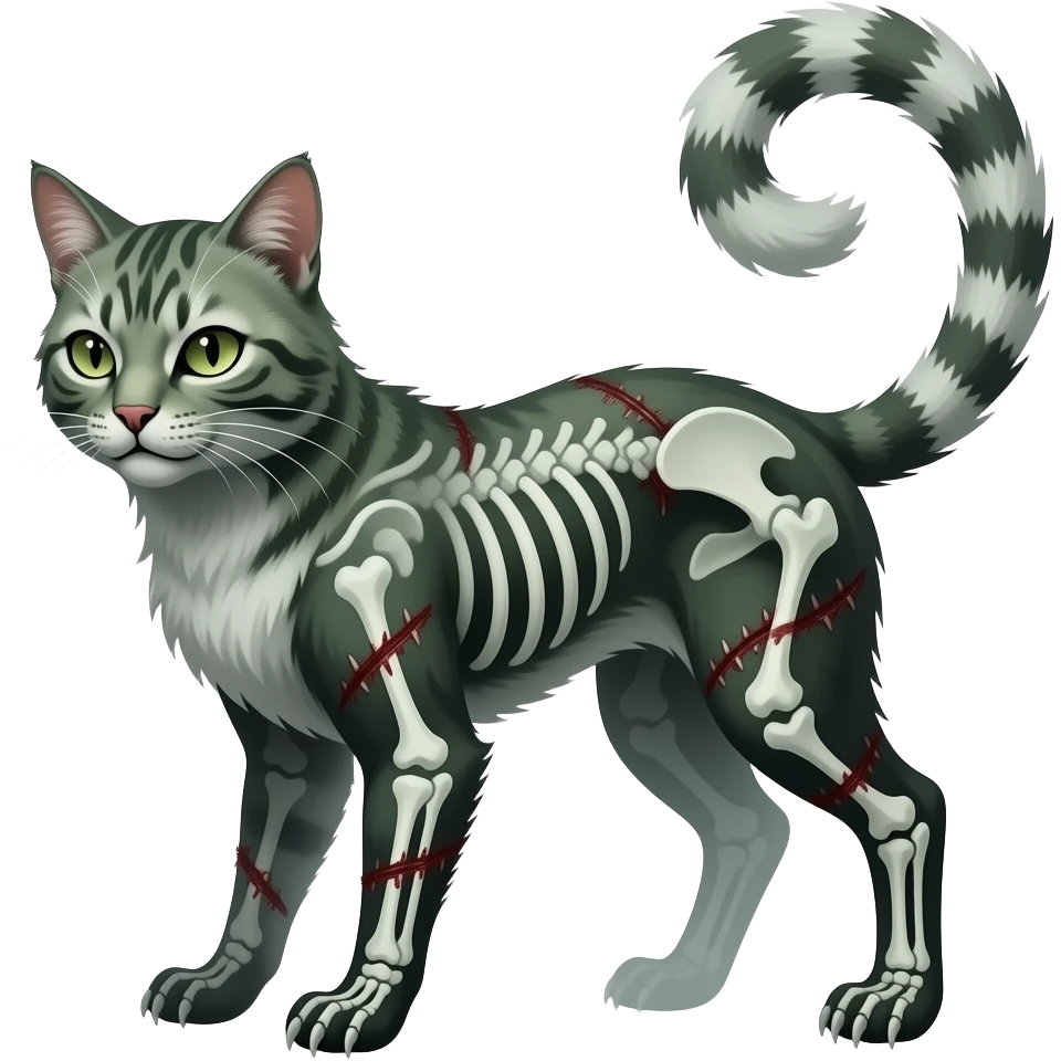 Bloody gory spectral spooky dark bleak blackish swampy white-skeletal gloomy ghostly dark greyish dark-deep-greenish foggy eldritch beautiful realistic edgy fantasy ghoul-like stitched feline-vernid-sergal-fursona animal creature with a tufted tail full body with intricate markings emoji