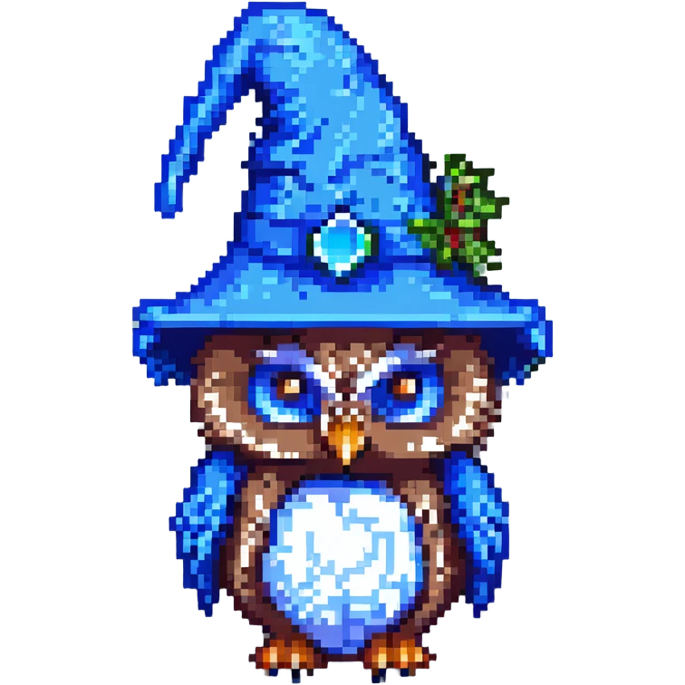 pixel art owl wearing a blue wizard hat emoji