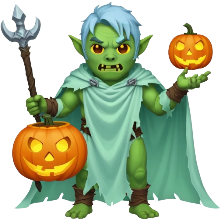 male orc warrior ghost emoji, green skin, tusks, wearing torn white ghost sheet costume, holding glowing jack-o'-lantern, faint blue aura, friendly but spooky expression, Halloween fantasy theme, Apple emoji style, clean white background, square emoji