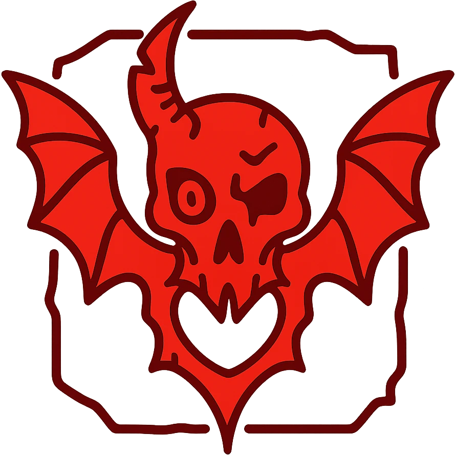 extremely terrifying minimalist red line art of nightmarish minotaur-stoat skull with jagged broken horn and disturbing malevolent eye, twisted moth wings, hollow transparent middle, unsettling outline frame with sharp edges, deeply unsettling asymmetrical features, subtle suggestion of gore, menacing minimal design, weathered and broken frame, 100% red emoji