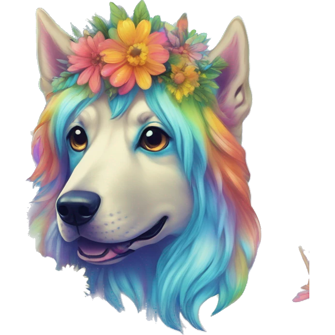 Multicolored rainbow retro groovy tie dye hippie trippy floral patterns on a metallic holographic iridescent blue dog face head unicorn emoji