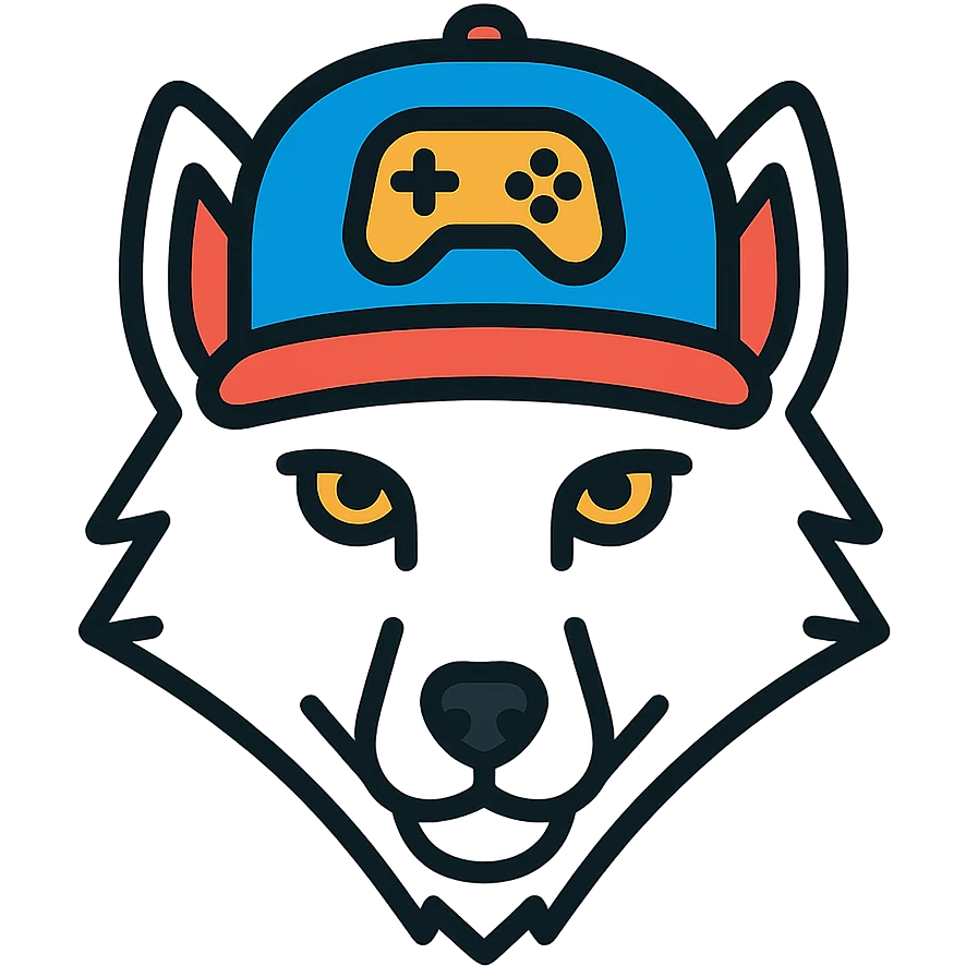 white wolf head with a gamer hat, stylized, easy to recognize, simple design emoji