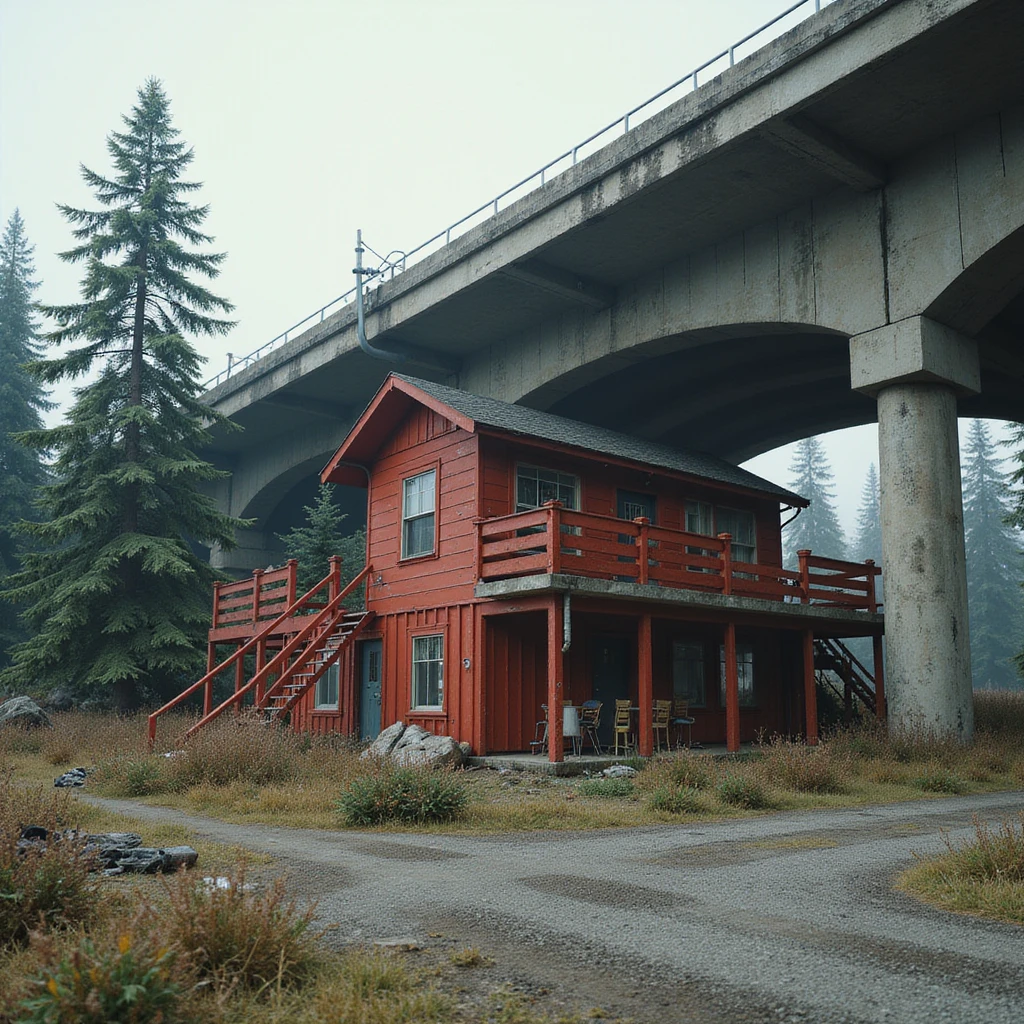 a screenshot of a location in a videogame  the image of the scene consists of:  [above-ground vacant train freeway partially collapsed], a red 1980's construction mansionesque wooden motel painted red, surrounded by war-torn pollution wreckage, wooded area emoji