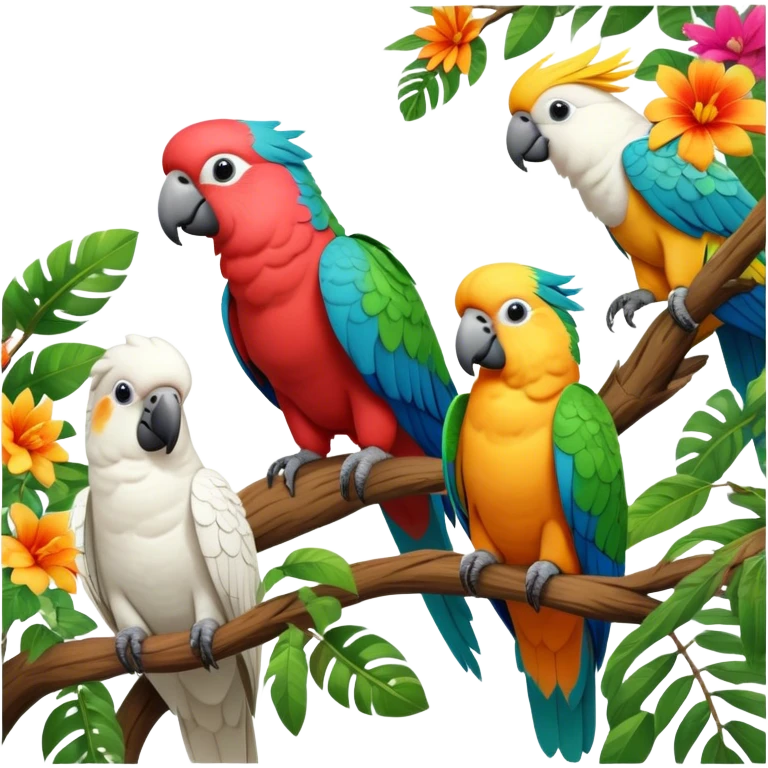 Close-up collage of vibrant Ara parrots and Inca cockatoos sitting on tree branches, surrounded by lush greenery. Bright colors of the birds stand out against a natural, sunny background of trees and flowers. Transparent background. emoji