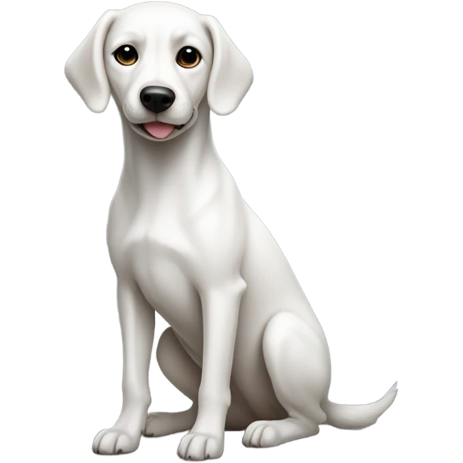 White dog with long tail and black spot around eye taking a poop emoji