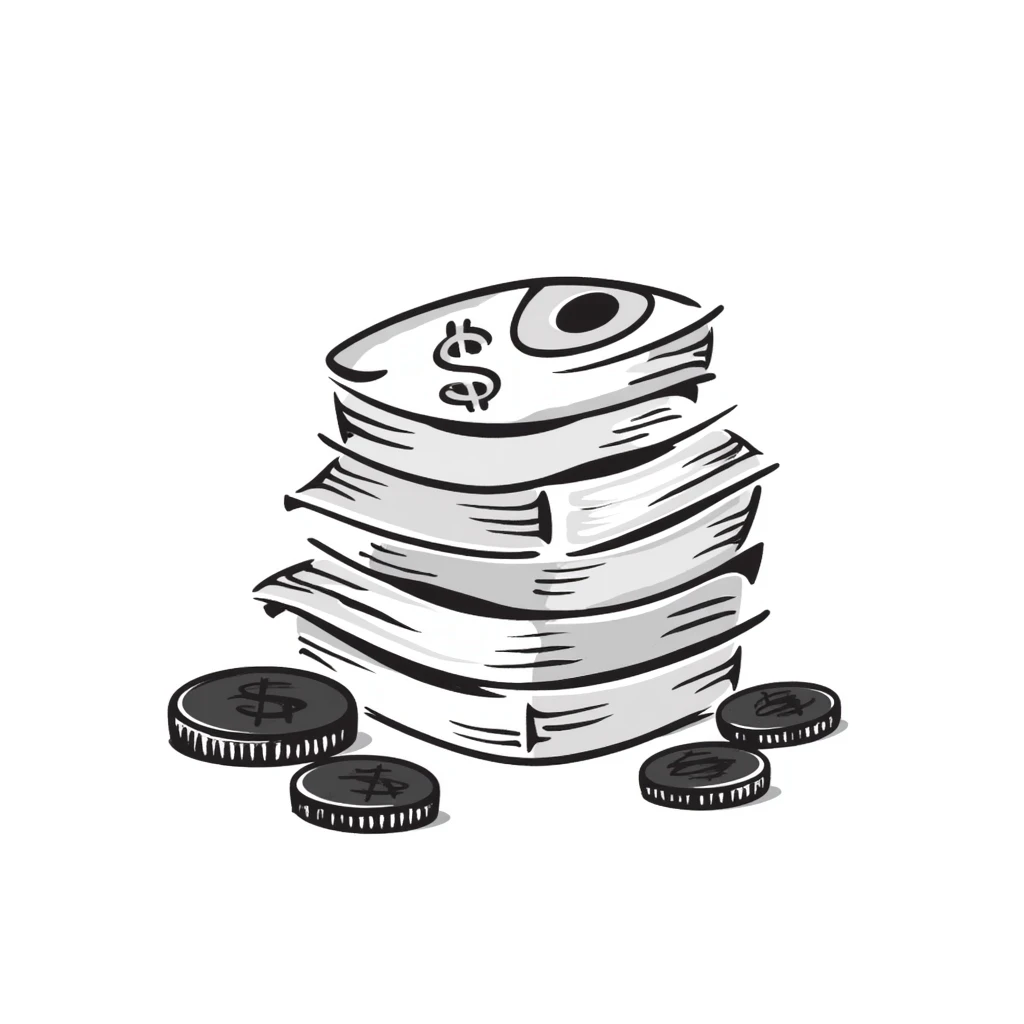 Money bills and coins, cash currency in pastel colors (dd9fb0, ffc6d3, a3bfc9, c4bee2, f1b091), hand-drawn doodle style emoji