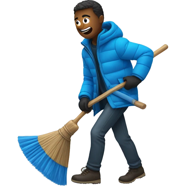a man wearing a blue puffer jacket holding a broom running from a knife emoji