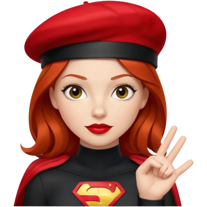 Uma ruiva feliz com batom vermelho com roupa vermelha tipo heroína, com uma boina preta, e uma cara mais “seria” fazendo pose com a mão. emoji