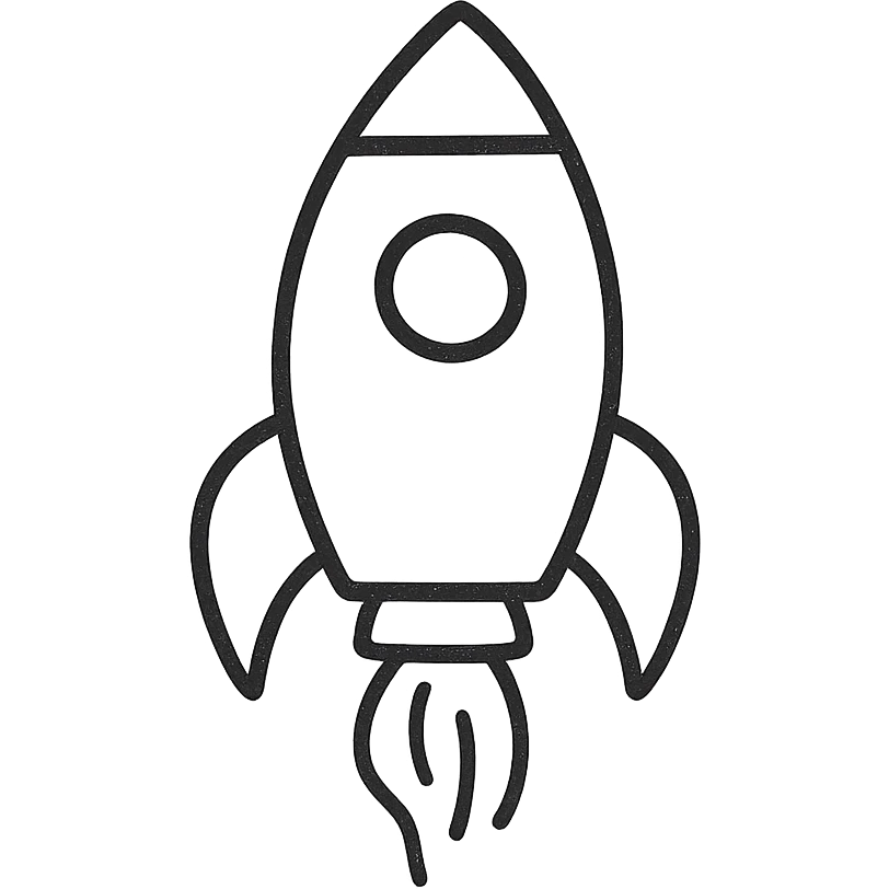 hand-drawn outlined icon of a rocket, black outlines, no fill, no color emoji