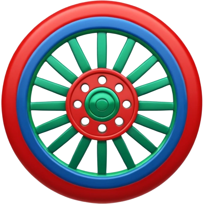 Glossy 3D emoji, blue top, green bottom, large red spoked wheel in center. Geometric symbol, no face. emoji