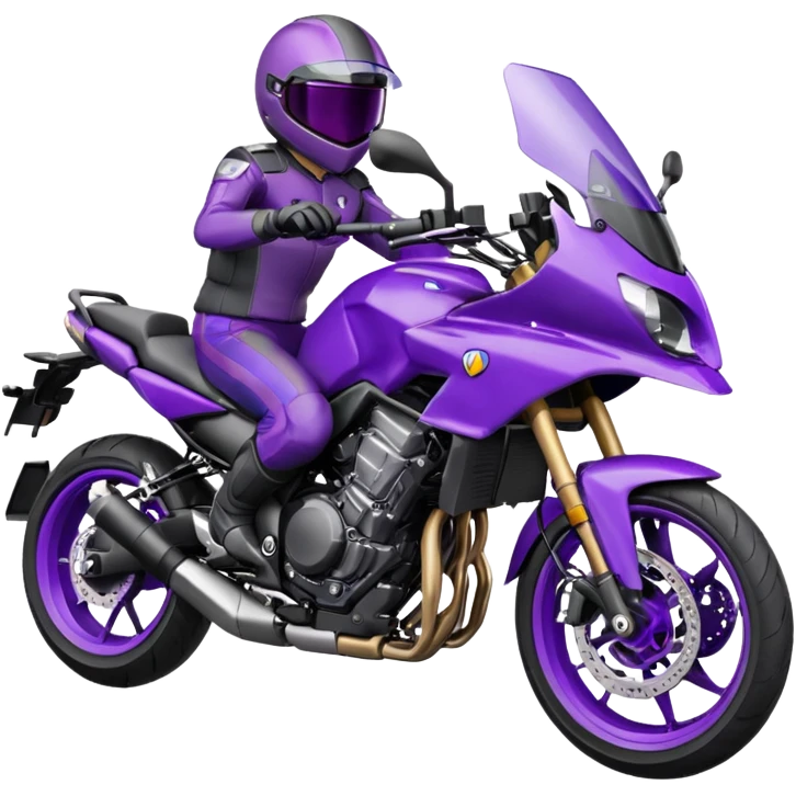 Créer un emoji avec une moto mt07 sport noir mate / violet iridescent très foncé, pare-brise de la moto violet. Avec une pilote dessus visière violet sombre visage caché . Avec fond arrière violet en arrière plan. emoji