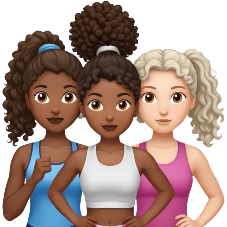 three women friends exercising together, one black woman with curly brown hair, one pale white woman with curly brown hair, and one white woman with straight brown hair in a ponytail positioned on the right emoji
