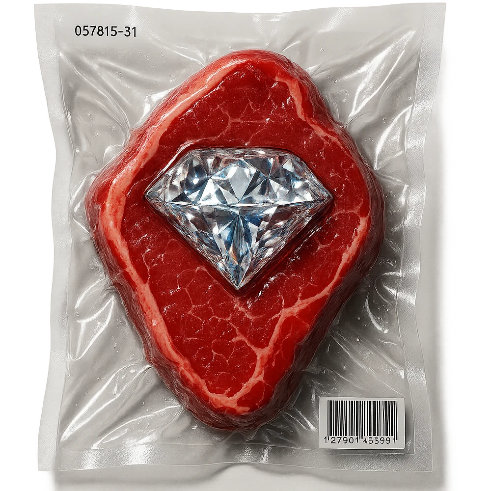 meat steak with sparkling diamond facets, glossy and puffy, vacuum-sealed style emoji