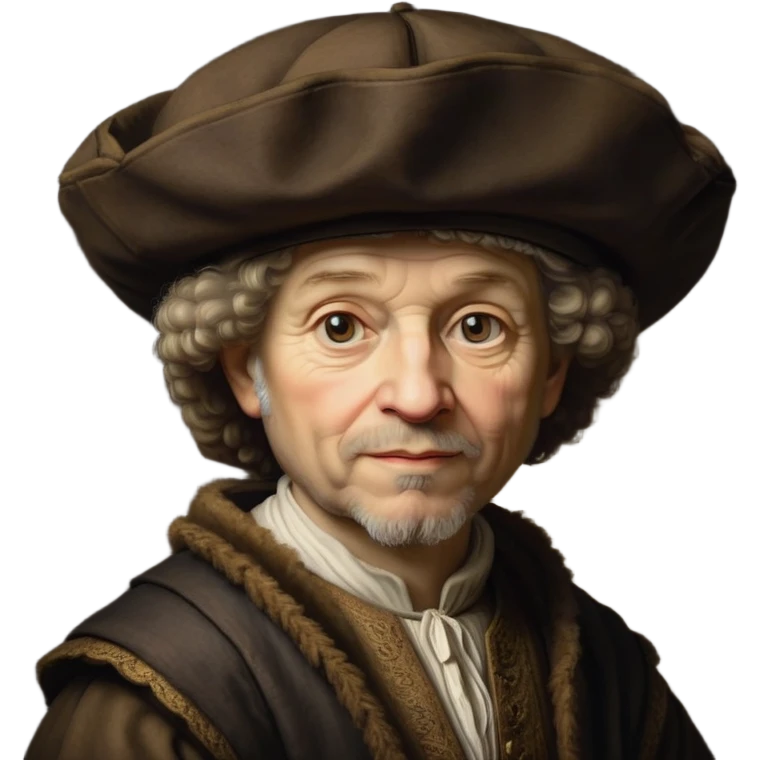 emoji of rembrandt,-shown-as-a-master-artist-with-deep,-introspective-eyes-and-richly-detailed-period-clothing,-rendered-with-dramatic-chiaroscuro-lighting-that-emphasizes-his-legacy brown puffy hat emoji