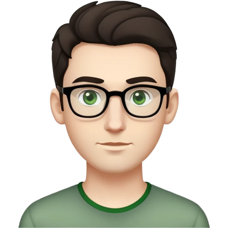 young man with pale skin, wider face, larger ears, bigger nose, thick dark eyebrows, dark tall voluminous slightly wavy hair styled up high on head but not curly, wearing glasses with green eyes and very light stubble, with a slight smile emoji