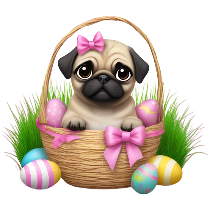  Baby pug with big pink
eyes wearing a pink bow sitting in an Easter basket  emoji