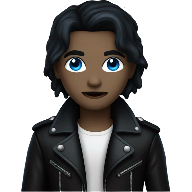 Vampire with white skin, blue eyes, floppy black hair all in black with a black leather jacket emoji