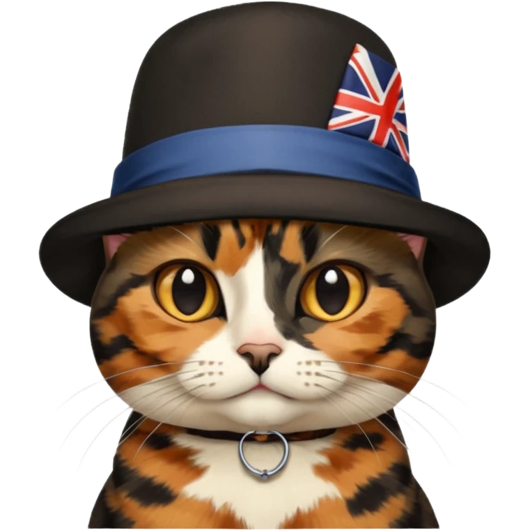 tortoiseshell cat with a british hat. mostly black and brown. NO WHITE emoji