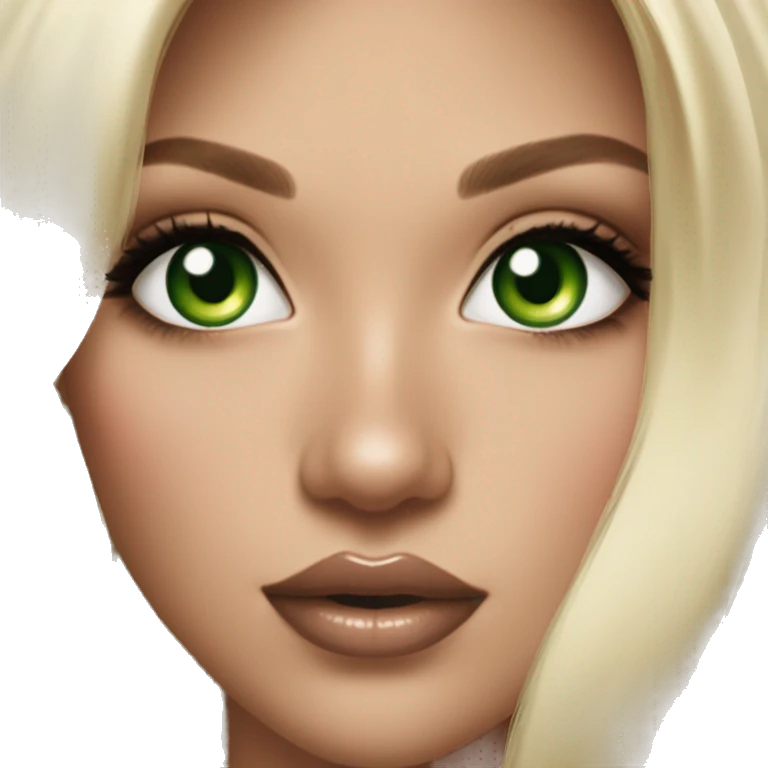 Beautiful girl with voluminous Blonde Long hair & green eyes & big lips & nude lipstick & very small nose & perfect face shape & natural makeup  emoji