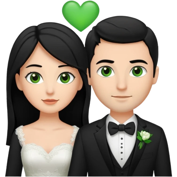 Brown hair groom, bride (woman) has black hair and brown eyes, groom (man)  has green eyes, black suite emoji