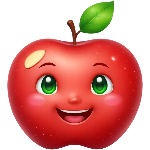 Cute Kawaii Apple, round and plump, bright shiny red with a tiny green leaf, chubby cheeks, sparkling eyes, a happy smile, soft glowing highlights, radiating fresh sweetness! emoji