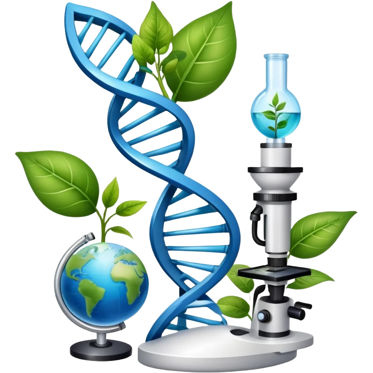 An icon featuring a DNA helix, a microscope, and a plant leaf, symbolizing biology. The design includes animal cells, a test tube, and a globe, representing the study of life forms, ecosystems, and genetics. Transparent background highlights the exploration of living organisms. emoji