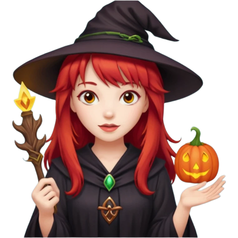 a witchy girl with long red hair and bangs holding a lucky sign emoji