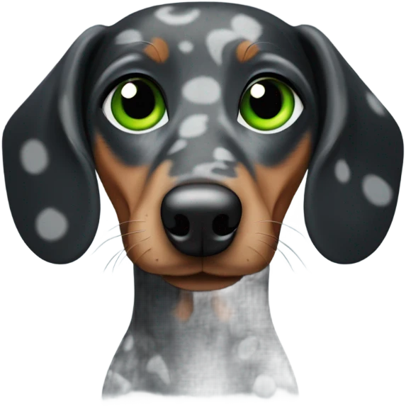A black and grey Spotted dachshund with a blue and a Green eye  emoji