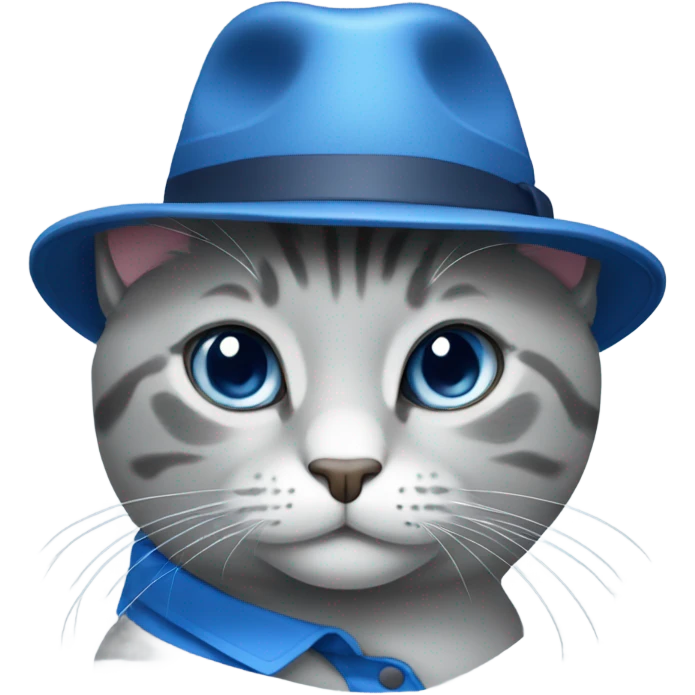 A gray cat wearing a blue polo and a white fedora emoji