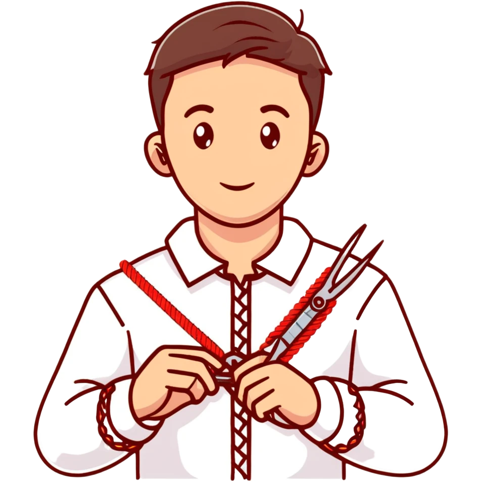 Ukrainian young man in a white embroidered traditional shirt holding a red thread with a needle and pliers emoji