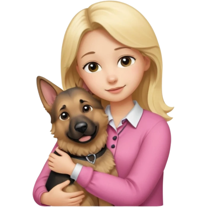 Garota loira fofa usando blusa rosa abraçando um cachorro pastor alemão  emoji