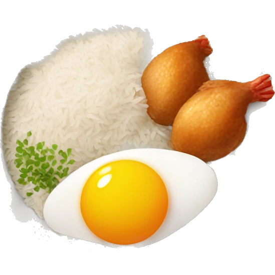 a bowl of rice with two eggs and two chicken drumstick on top emoji