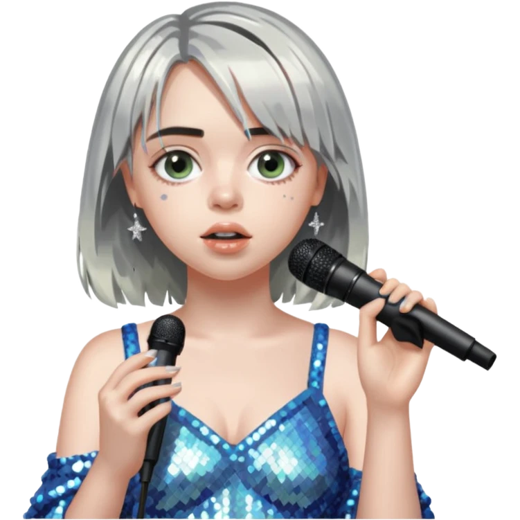 billie eilish is singing, holding mirco and twinkle dresss emoji