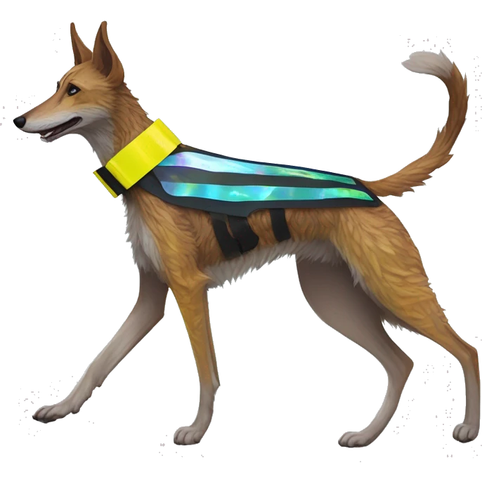  brindle brown black maroon striped lurcher Alsatian fox running blue eyes and iridescent holographic oilslick harness wearing paper iridescent tropical flower crown yellow caution tape emoji