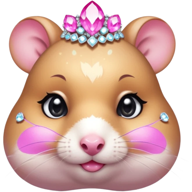 glamorous hamster portrait, head and shoulders only, exaggerated pink makeup, bright eyeshadow, long eyelashes, shiny blush cheeks, sparkling face gems, glitter accents, elegant earrings, fantasy beauty style, cute 3D cartoon, mobile game icon style, clean background, no text, no watermark
 emoji