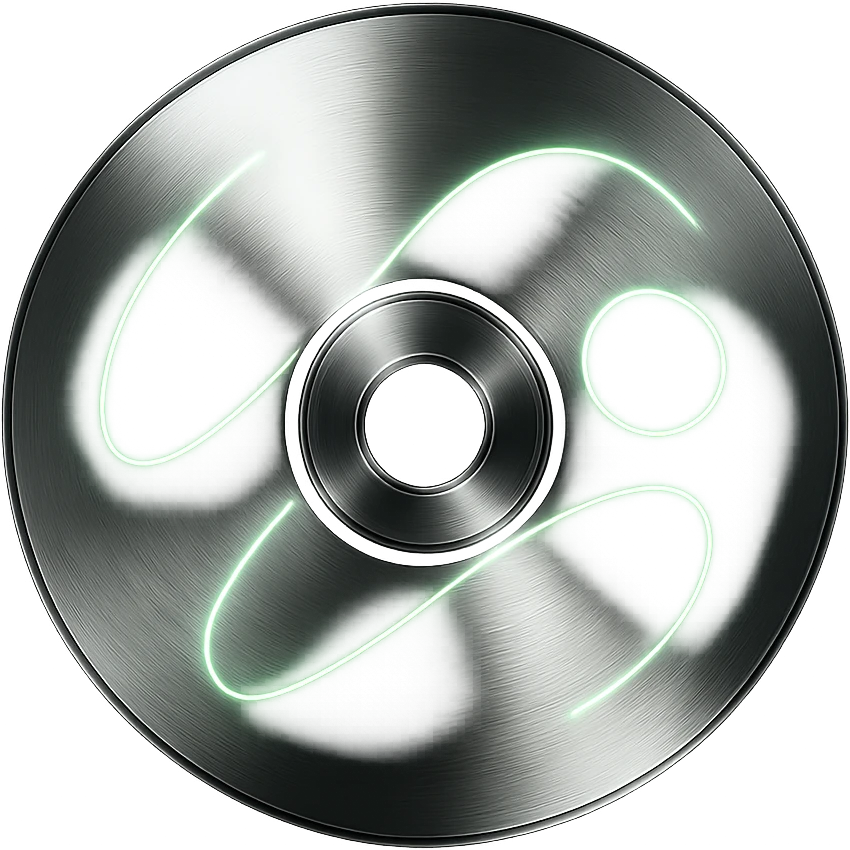 A minimalist CD disc with abstract pattern, glowing effect, green color emoji