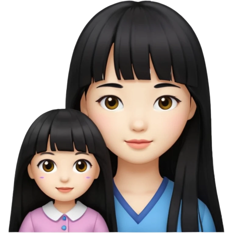 girl with long black hair, Korean style bangs, doll emoji style, subtle smile emoji