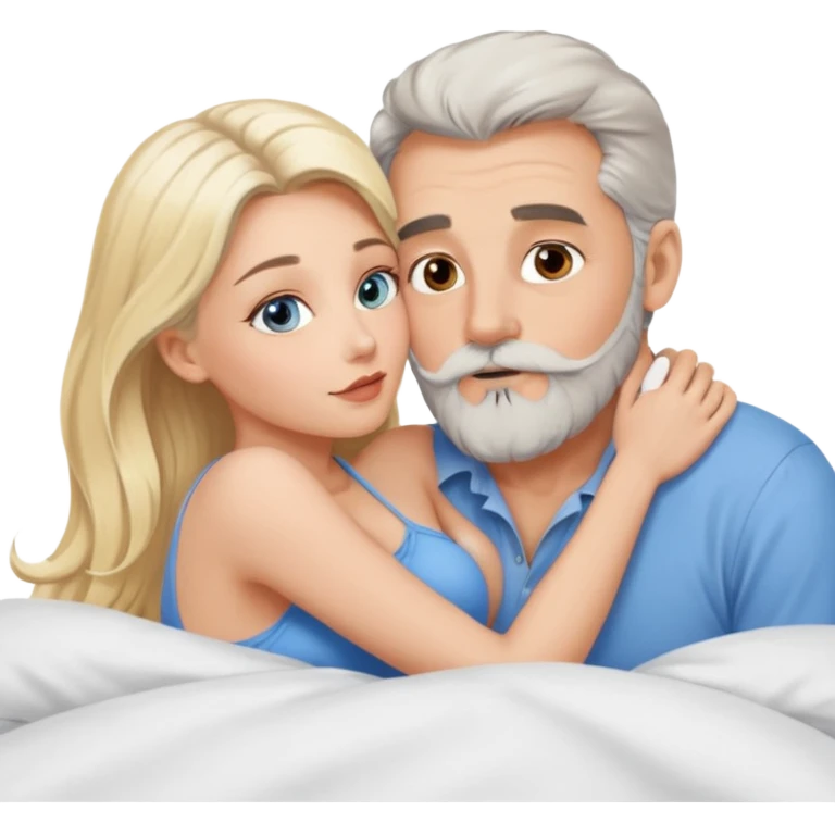 Cuddling Man with hazel eyes and gray beard kissing sexy  blonde blue-eyed  woman in bed emoji