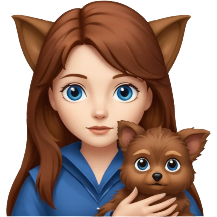 long hair chestnut color blue eyes woman holding small pointy ear ewok dog emoji