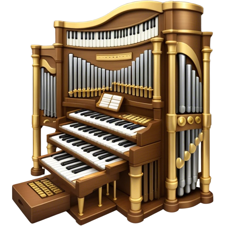 Create an elegant and majestic emoji representing a classical organ. The emoji should feature the grand pipes of the organ in the background, with visible details of the keys and pedalboard in the foreground. The pipes should be tall and impressive, with a mixture of gold, silver, and metallic shades to emphasize the grandeur of the instrument. The keyboard and pedals should be well-defined, capturing the intricate craftsmanship of the organ. Use dark wood tones and gold accents for the body of the instrument to give it a rich, historic feel. Add subtle musical notes around the organ to evoke its deep, resonant sound. The background should be transparent. emoji