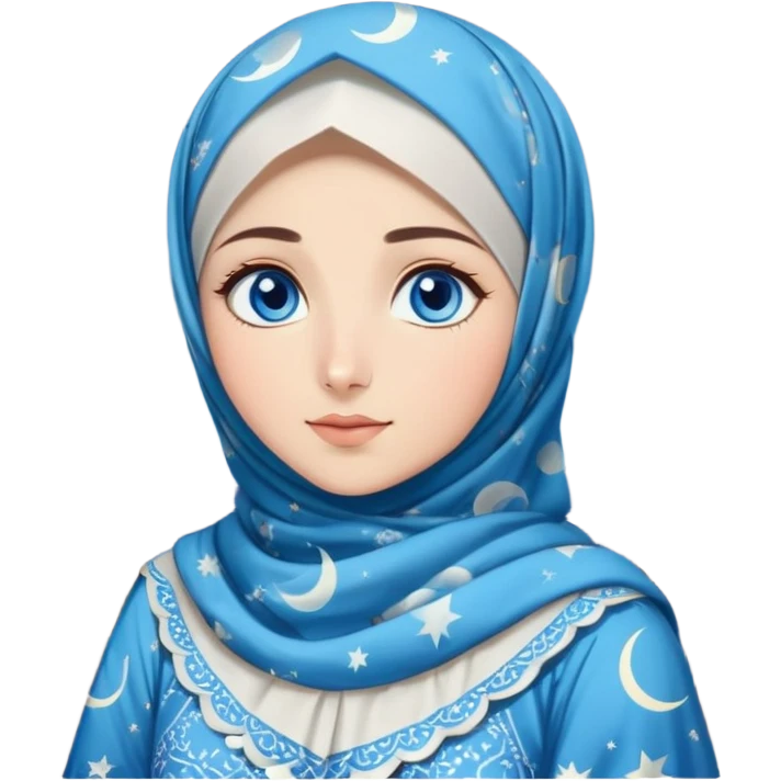 Turkish beautiful finish Konya girl blue eyes with moon patterned hijab dress and watching the moonlight sky on the ground  emoji
