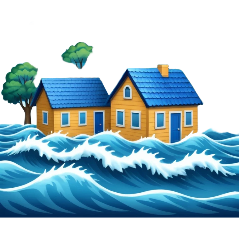 showing a flood disaster scene with powerful blue water waves overflowing around small houses and trees, dark cloudy sky, heavy rain falling, dramatic yet simple design emoji
