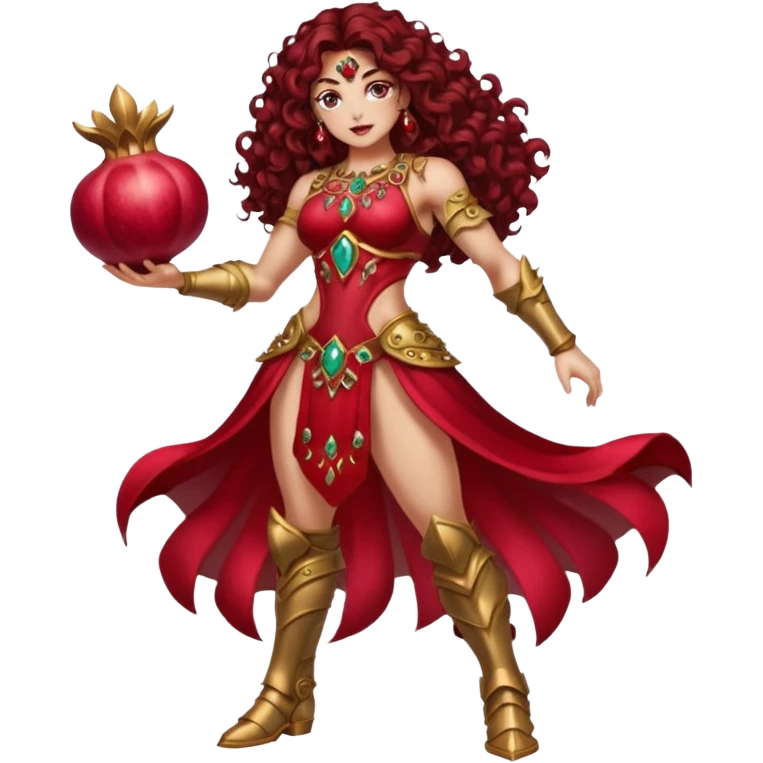 full body woman long curly brown hair brown eyes white skin tattoos muscular build pomegranate empress armor split open jewel seeds glow emoji